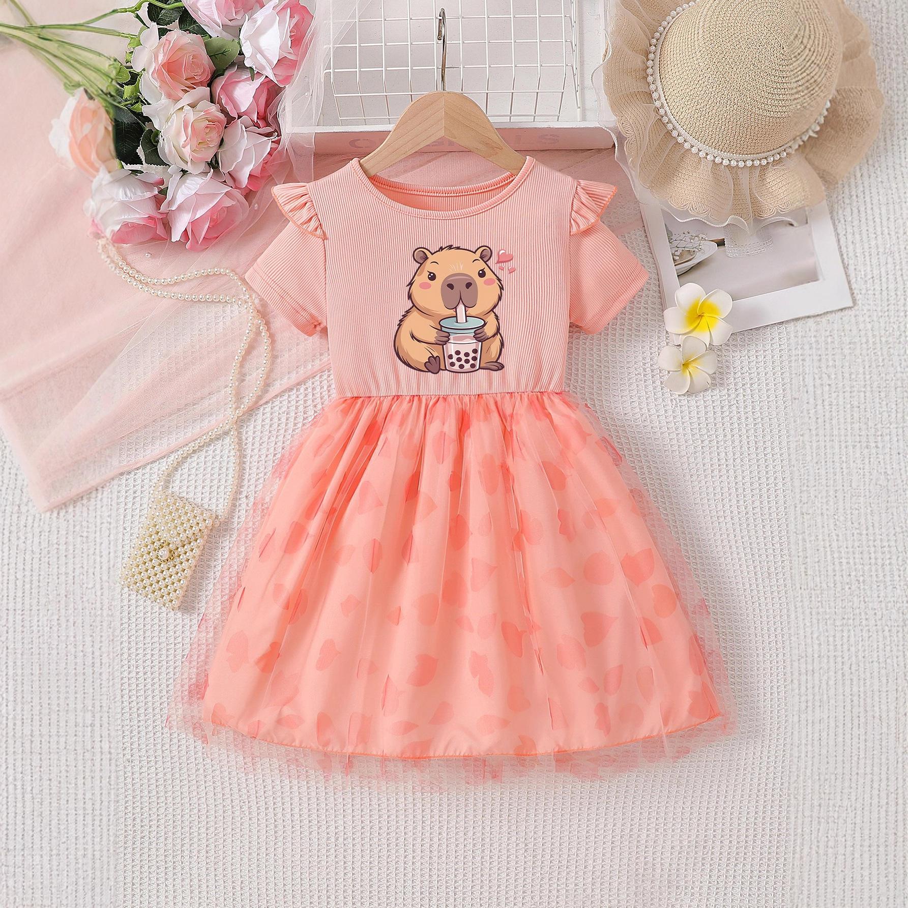 

Cute Capybara Print Dress for Girls Spring/Fall Children s Fashion Short-Sleeve Tulle Princess Dress 140cm【9-10】 помаранчевий