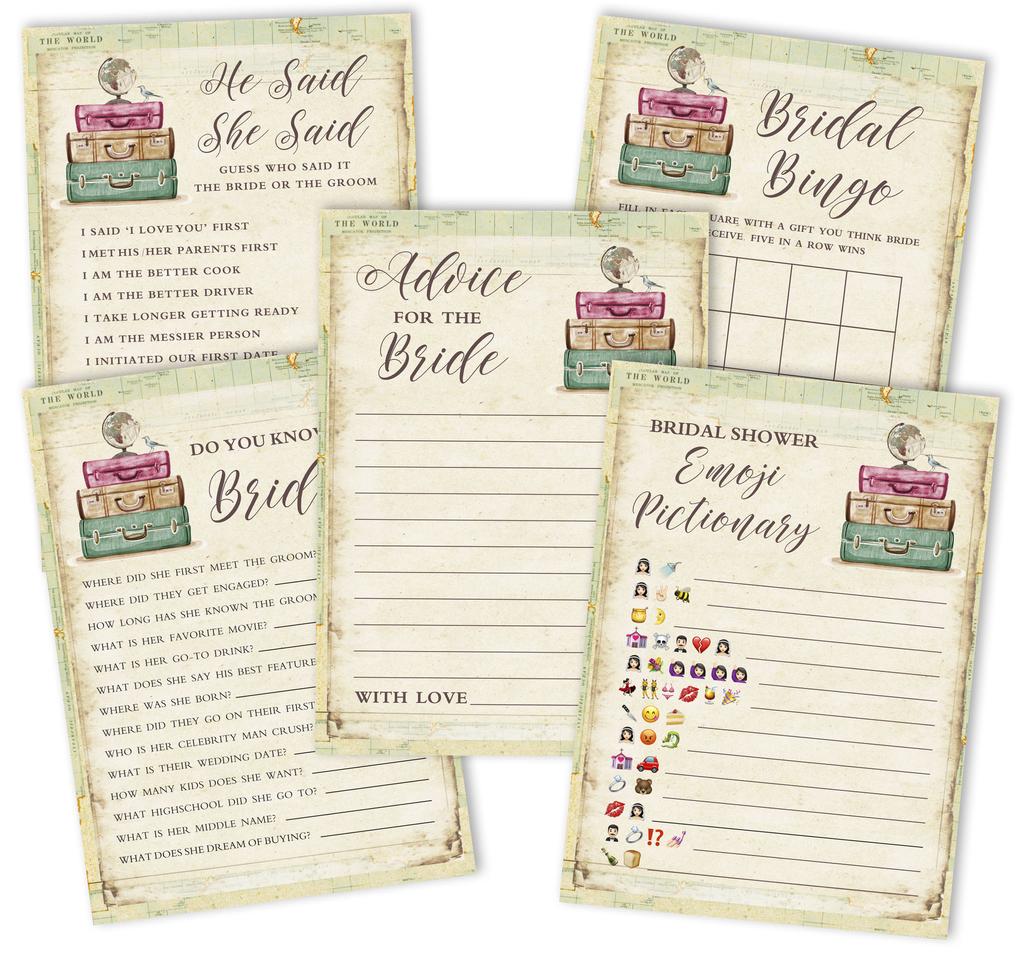 Inkdotpot Travelling Theme Bridal Shower Games Set of 5 (Activities for 50 Guests) Fun Bachelorette Party Games Set Bundle
