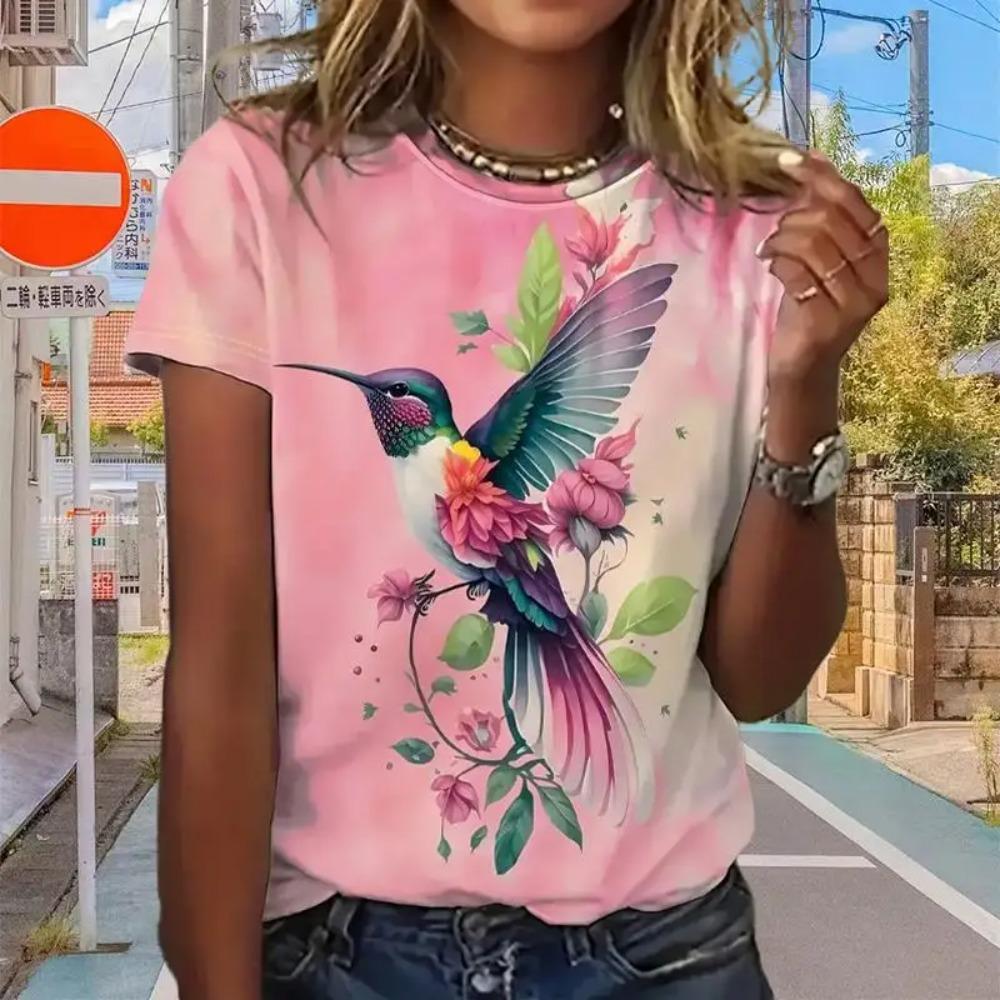 Summer beautiful colorful bird graphic women's T-shirt casual short sleeve fashion streetwear round neck top