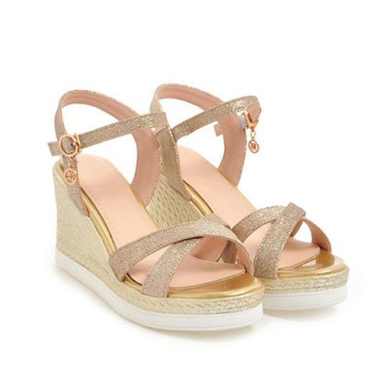 

Женские женские сандалии на танкетке эспадрильи блестящие стразы ремешок на щиколотке летние каблуки EU37 золотой