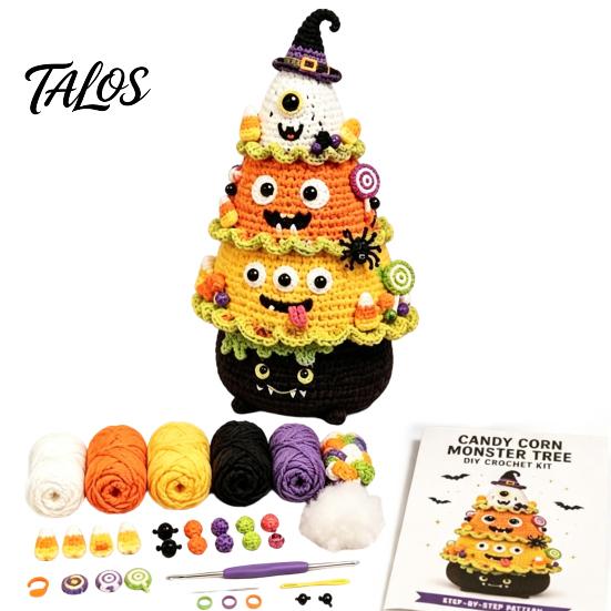 Handmade Yarn Projects Halloween Tree Crochet Kit, DIY Black Cat Pumpkin Witch Supplies with Tools Hat Ghost Crafting Kit for Holiday Home Decor, Gift
