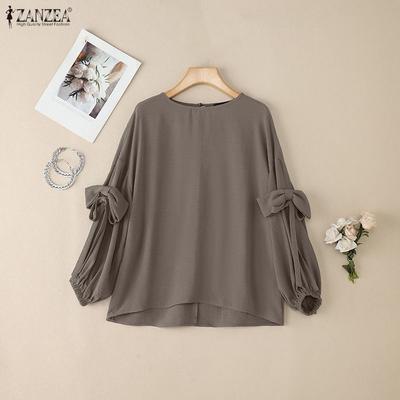 Women Round Neck Solid Color 3/4 Sleeve Casual Blouse