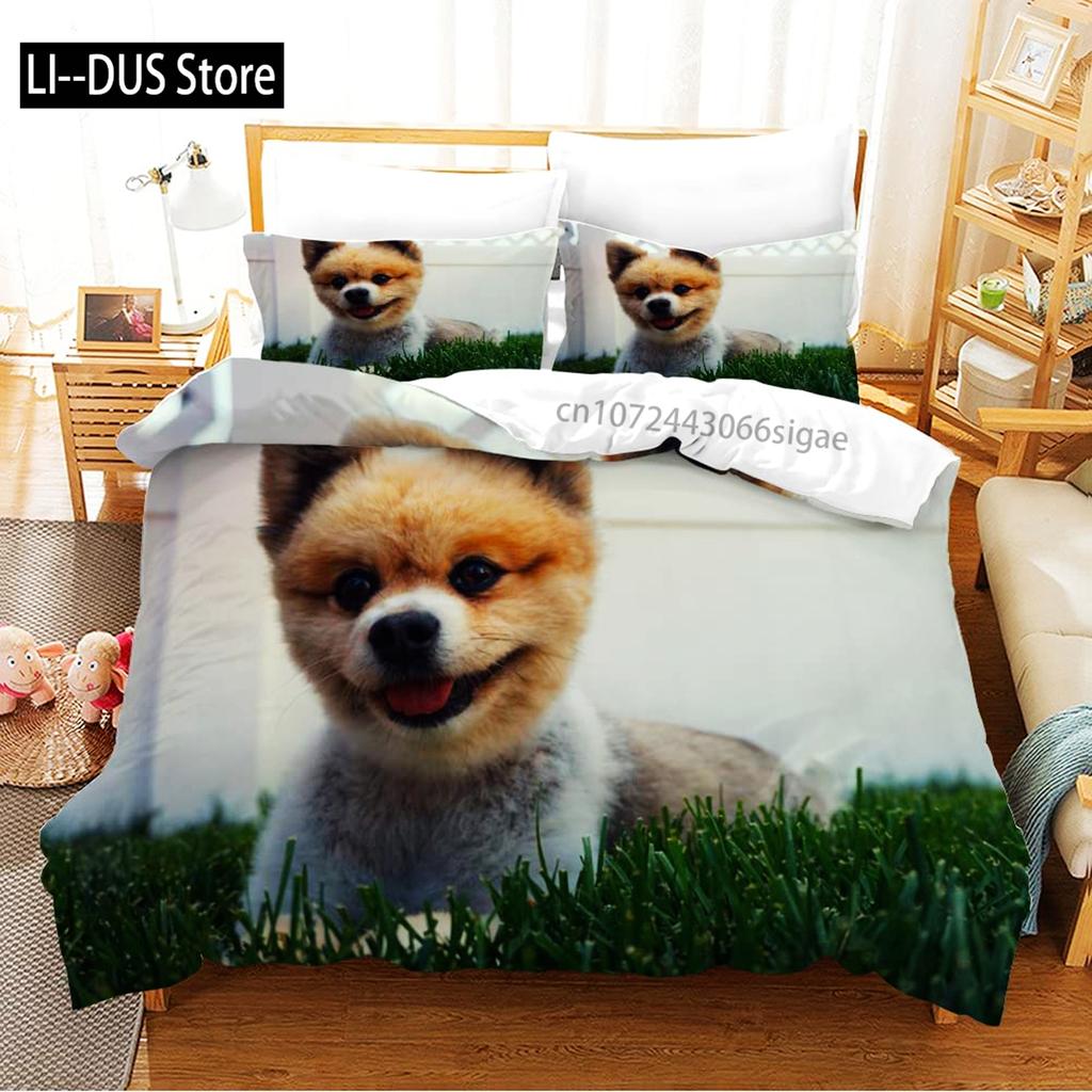 Pomeranian Nevresim Takımı Hayvan Köpekler Yatak Takımı 3D Sevimli Evcil Hayvan Yatak Örtüleri Gençler İçin Çift Kişilik Queen King Boy Polyester Yorgan Kılıfı