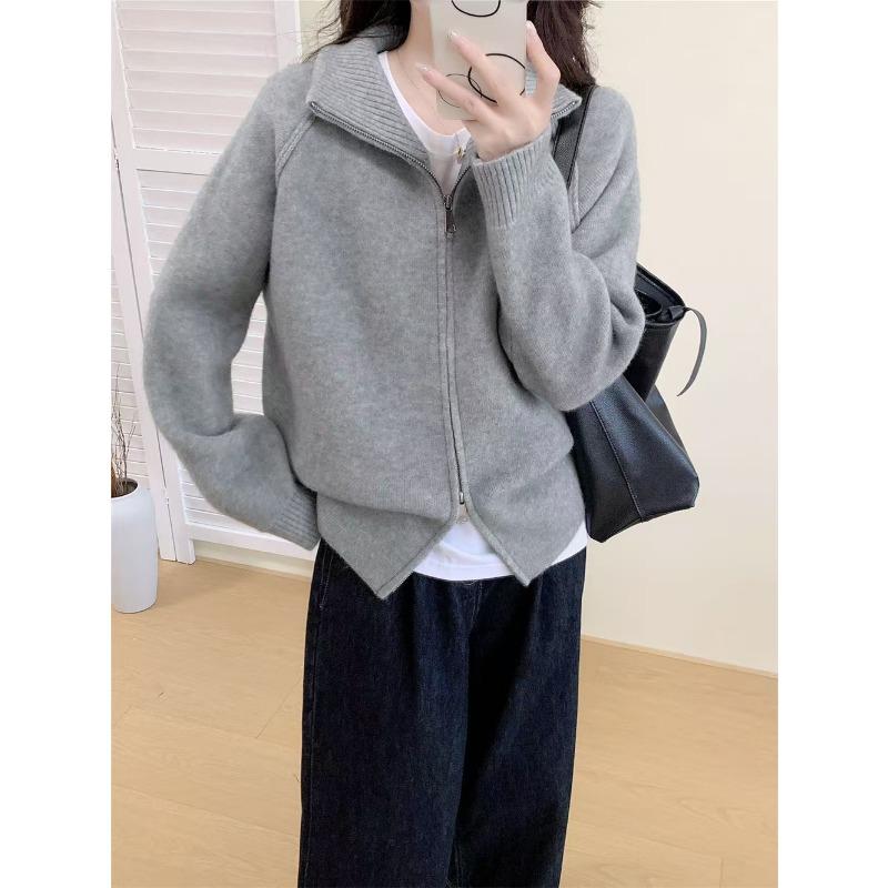 

Autumn and winter new casual simple zipper stand-up neck knitted cardigan women s clothing loose and thin versatile sweater jacket one size fits all