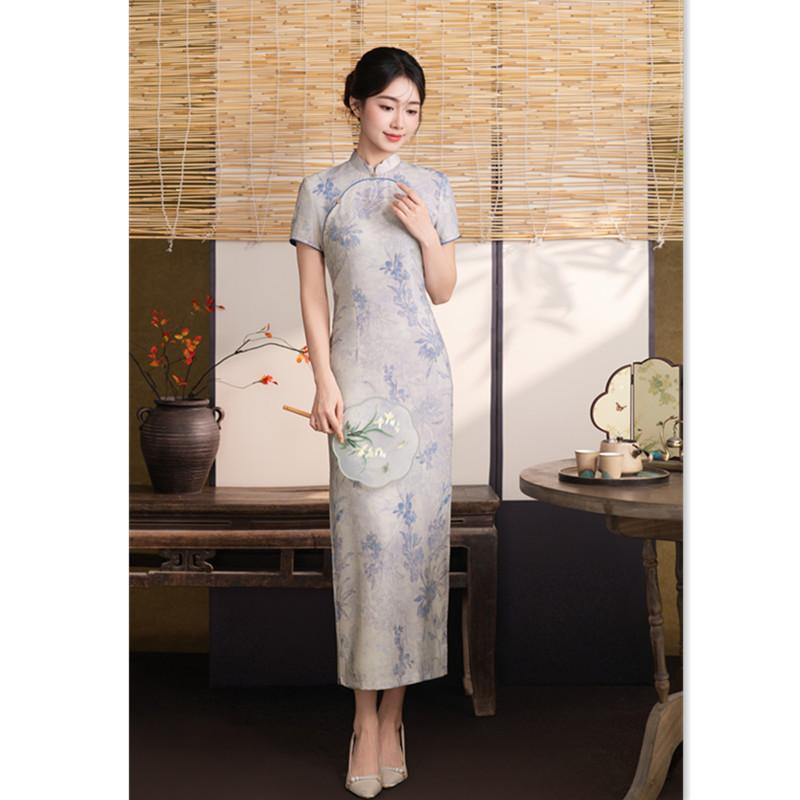 New Chinese-style young long Tencel hemp short-sleeved cheongsam 1011 summer new slim and thin new national style dress