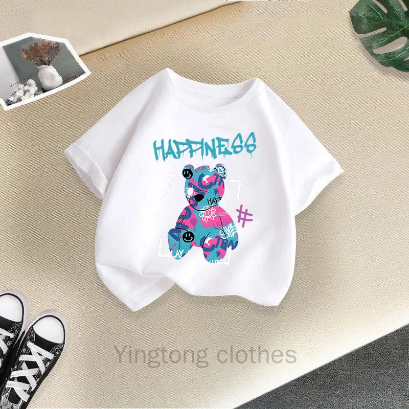Summer Clothes for Boys and Girls, Short Sleeved T-shirts, Summer New Styles, Teddy Bear Printed Girls' Tops, Children's Clothing Trend