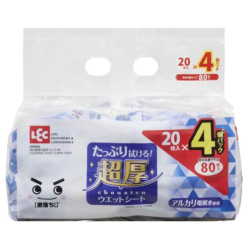 LEC Super Thick Water-Removing Wet Wipes, 20 Sheets (4-Pack) for Flooring/Uses Alkaline Electrolyzed Water / S00996