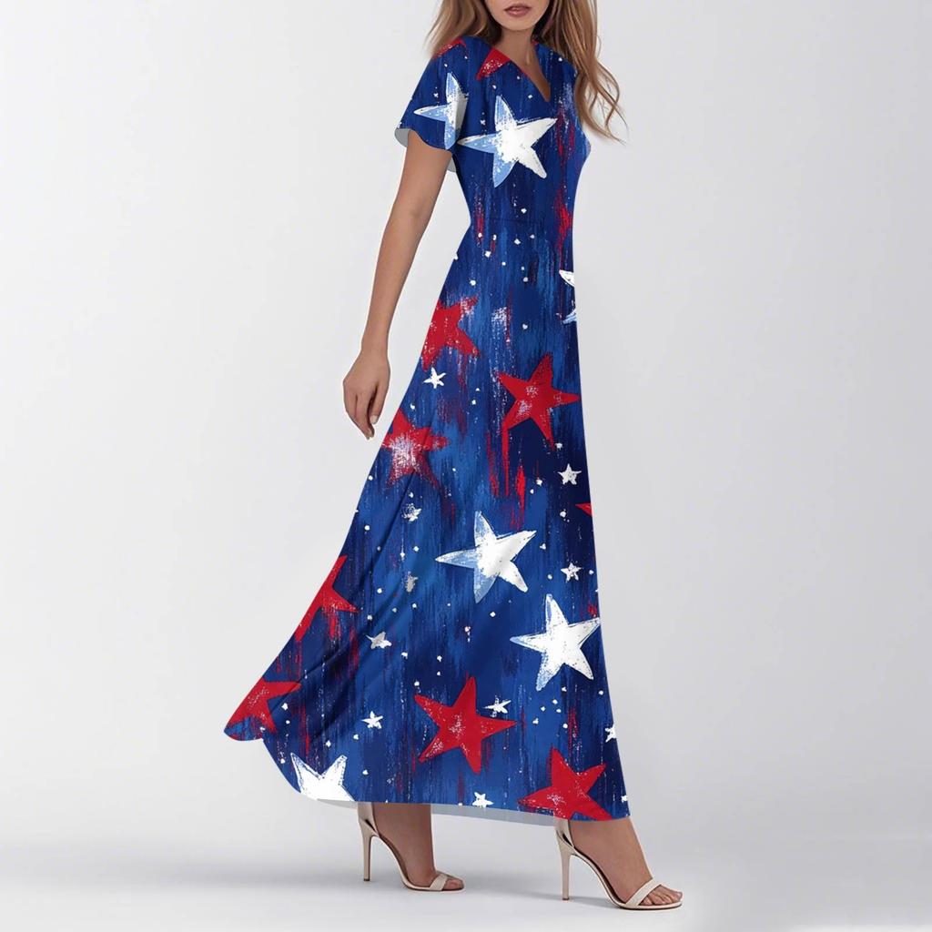 Women's Summer Casual Fashion Print Color Dresses V-Neck Short Sleeve Dresses
