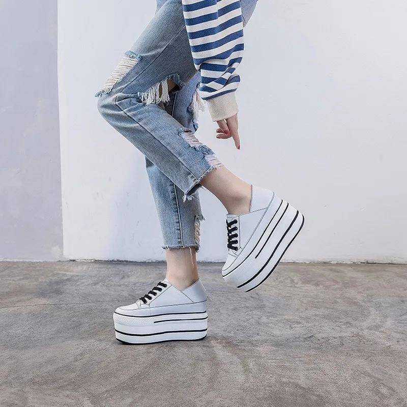 Mote Ekte Høyde Økt Superhøy Plattform Fritidssport Dame Fritidssko Kilehæl Økt Hæl Slip on Sneakers