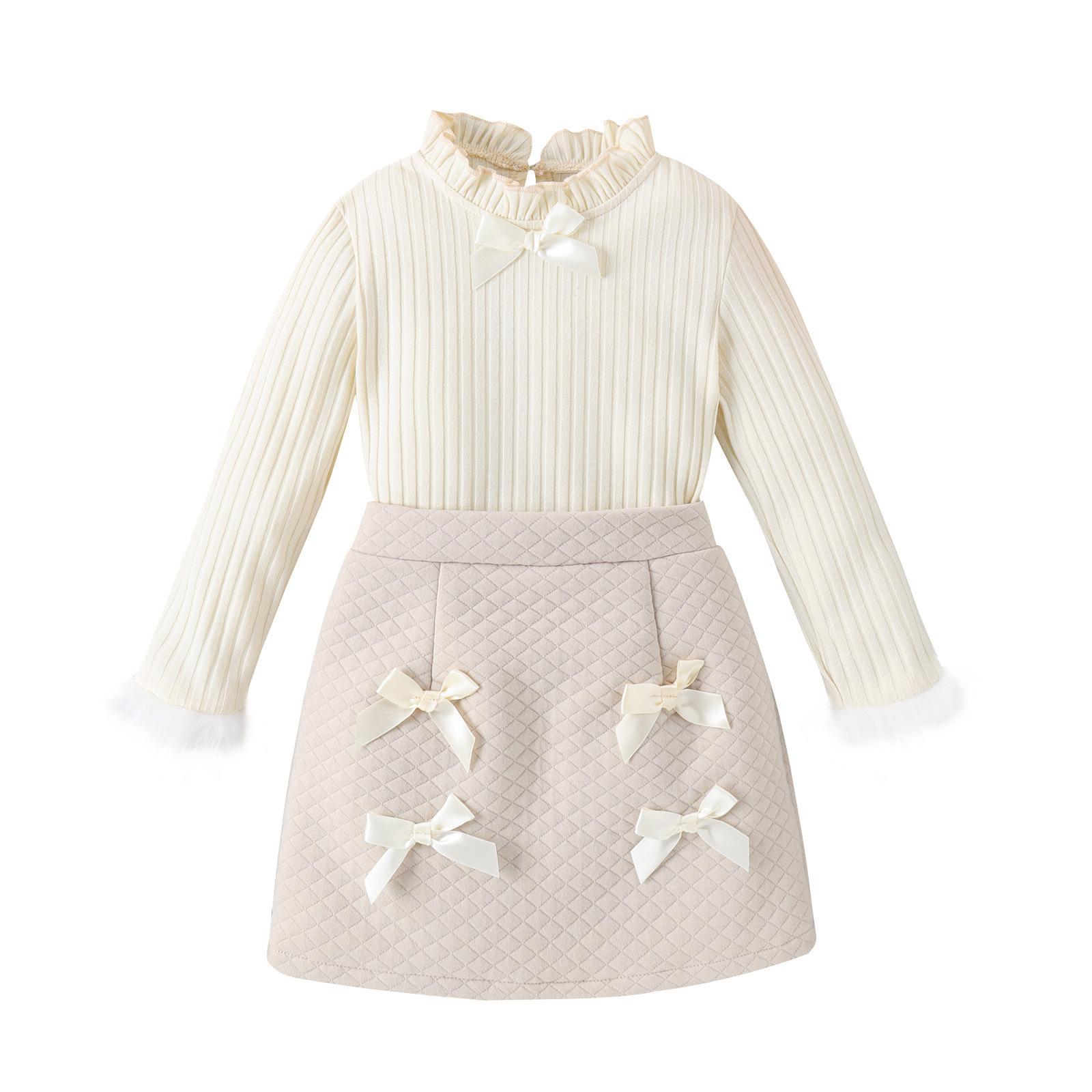 

Spring Girls Dress Set, Knitted Sweater, Bow Princess Dress Two-piece Set XL бежевий