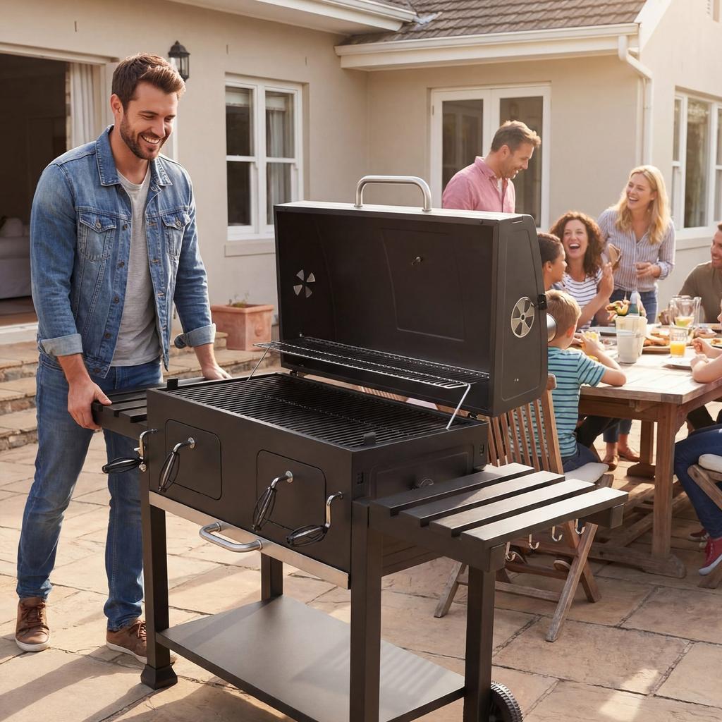 Charcoal Grill, 0.5 m² Large Charcoal Barbecue Grill with 2 Liftable Charcoal Trays & Folding Side Tables, High-Temp Powder-Coated Steel BBQ Cooking