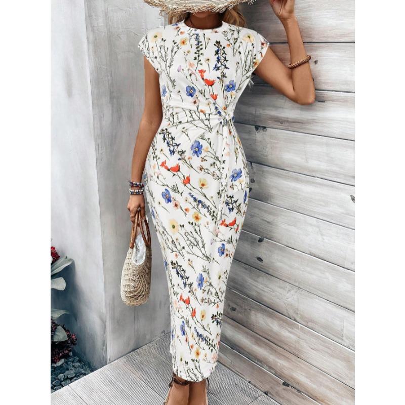 Elegantes Taillenband Gestreiftes Kleid Kurzärmelig Rundhals Schlanke Passform Lässig Sommerkleid Party Bodycon Damen Schnürung Bedruckte Kleidung