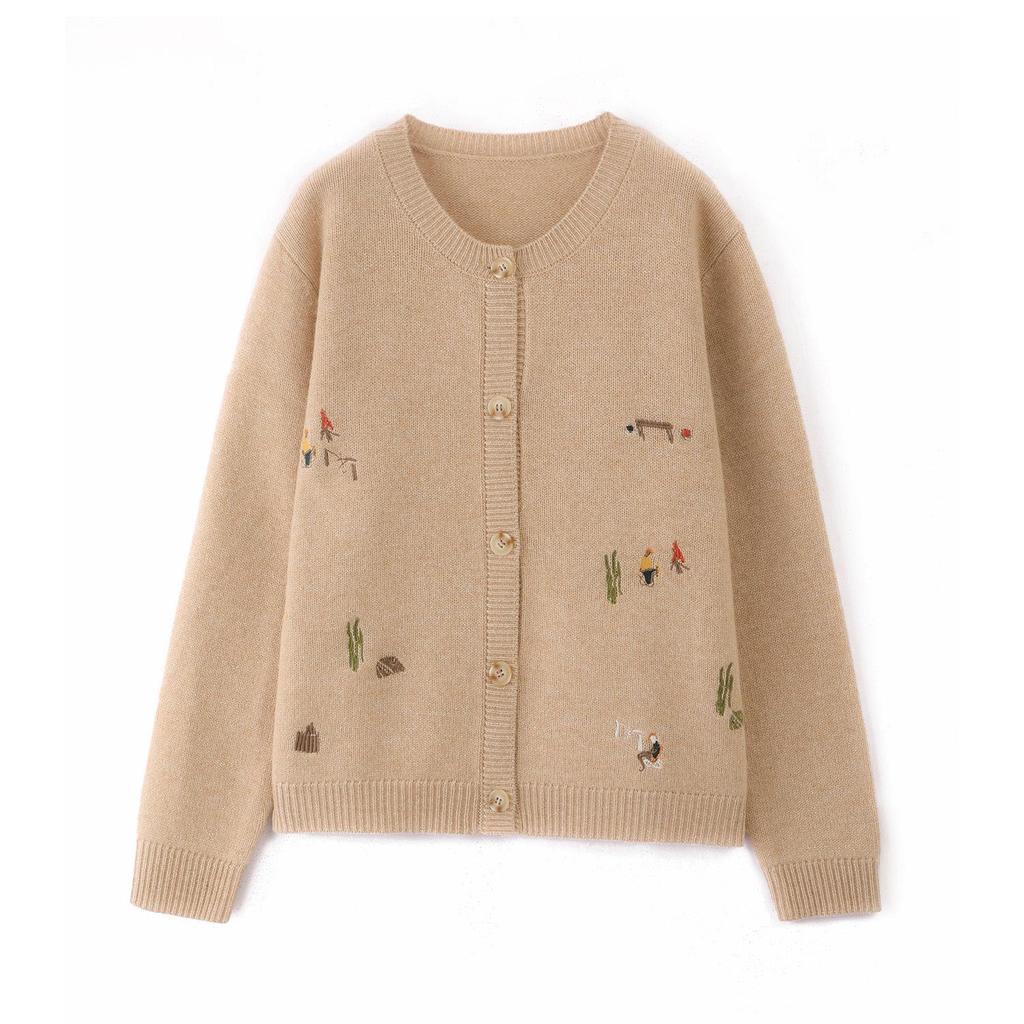 2026 A/W Pure Wool Round Neck Knit Cardigan with Embroidered Cactus Design