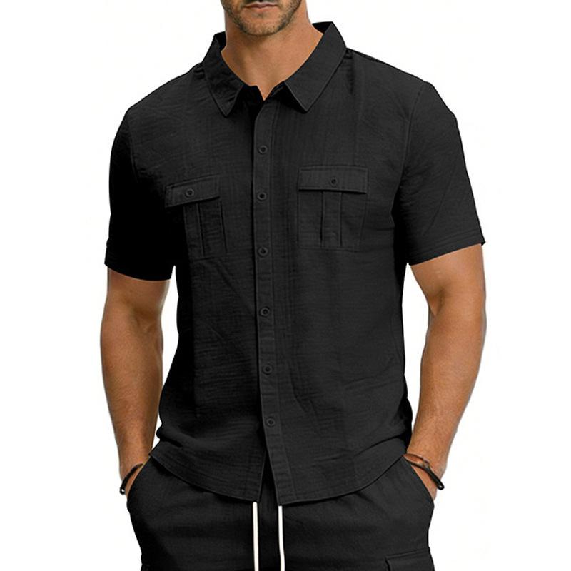Men's Linen Short Sleeve Work Shirt Multi-Pocket Breathable Outdoor Casual.