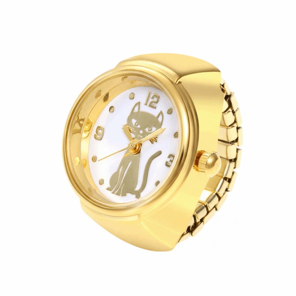 Round Finger Ring Watch Gold Cat Dial Clock Punk Quartz Watch  Clothes Accessories