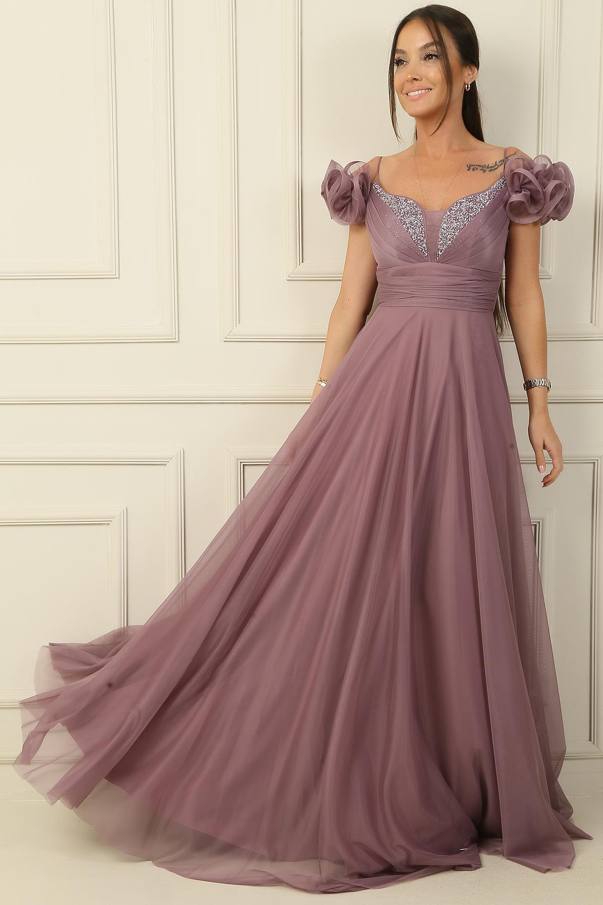 

Спереди сзади с V-образным вырезом на веревочном ремне с короткими рукавами спереди на каменной подкладке длинное платье из тюля M лиловый