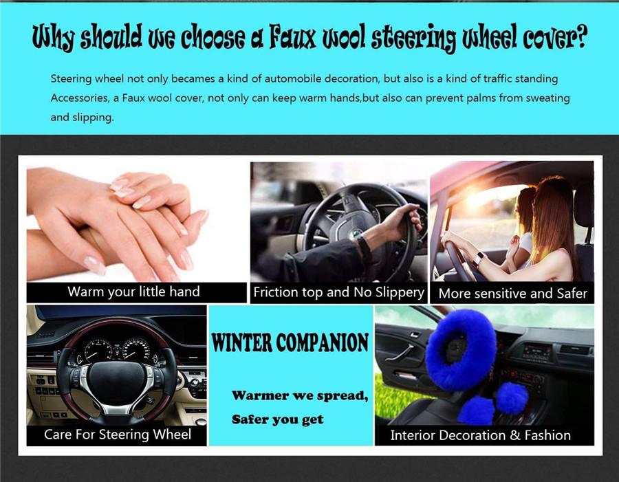 3 Pezzi Coprivolante Auto in Pelliccia Maturo Gemma Blu Lana Pelliccioso Soffice Spesso Inverno