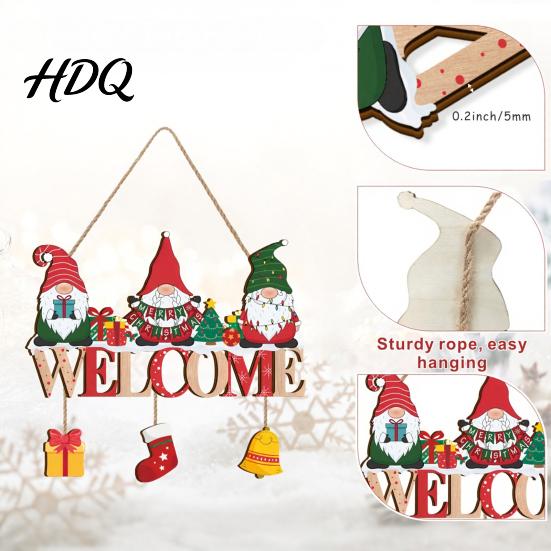 Cartoon Gnome Wall Art Christmas Wooden Welcome Hanging Sign Elf Decor with Gift Bell Door Sign Charms Rustic Farmhouse Ornament for Indoor Outdoor