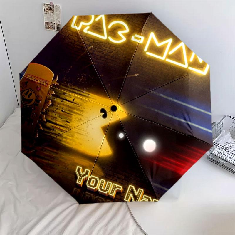 1 PC Automatic Folding Umbrella - Pac-Man Custom Name Pattern, Portable & Foldable Design with 8 Ribs, Christmas Birthday Gifts