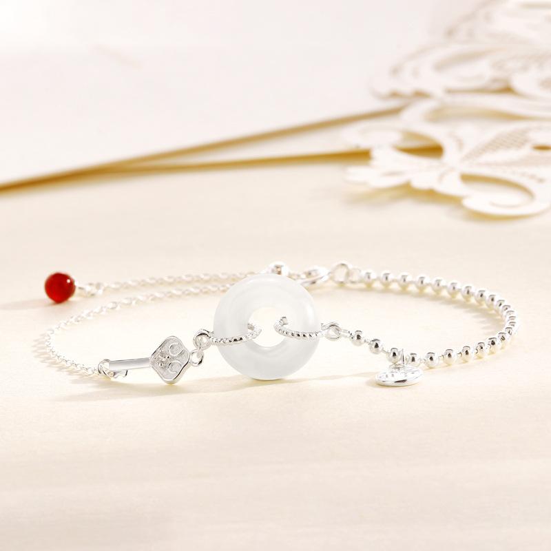 Chalcedony Ping An Buckle Fu Brand Bracelet Women's Guochao New Chinese Niche Retro Round Bead Red Bean Bracelet Women