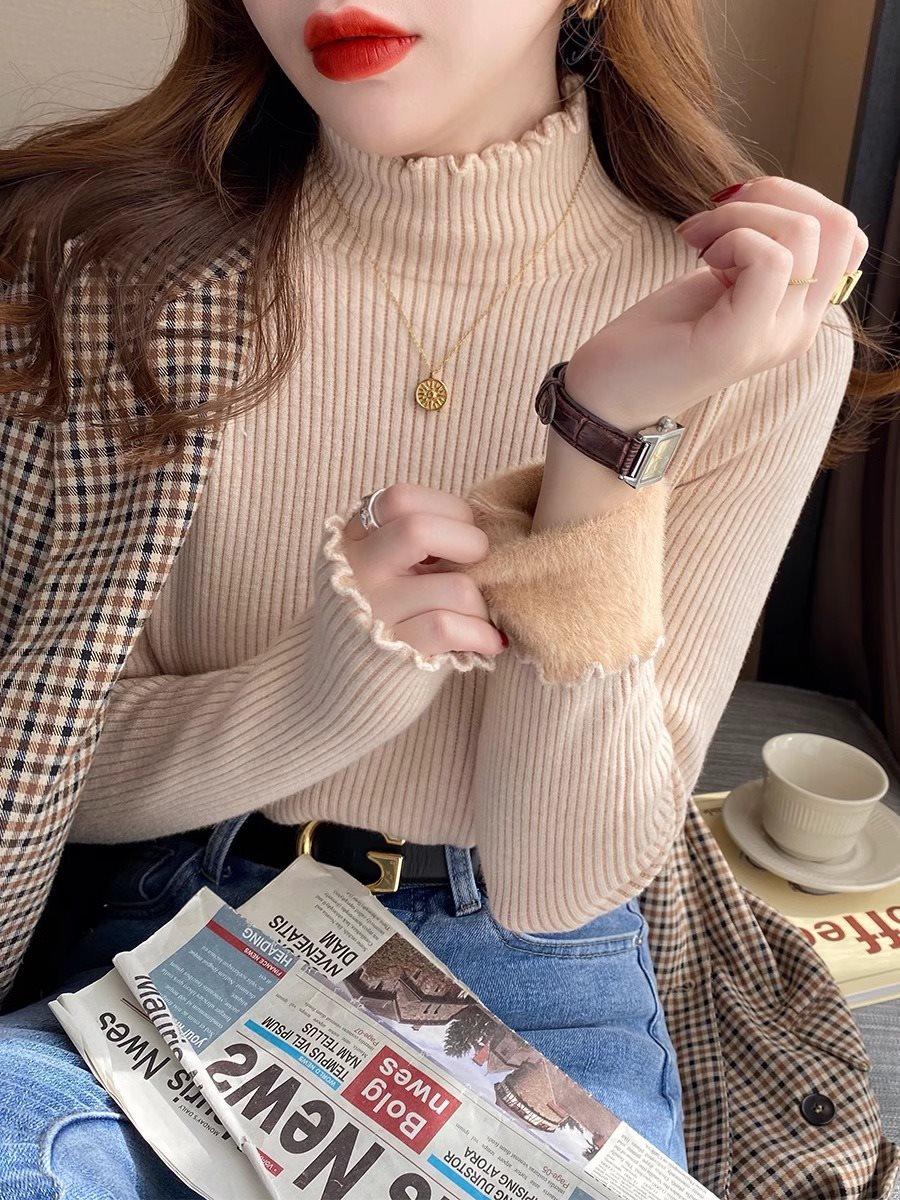 Women s Fleece-Lined Thickened Knit Long-Sleeve Semi-High Neck Sweater for AutumnWinter 2224₽