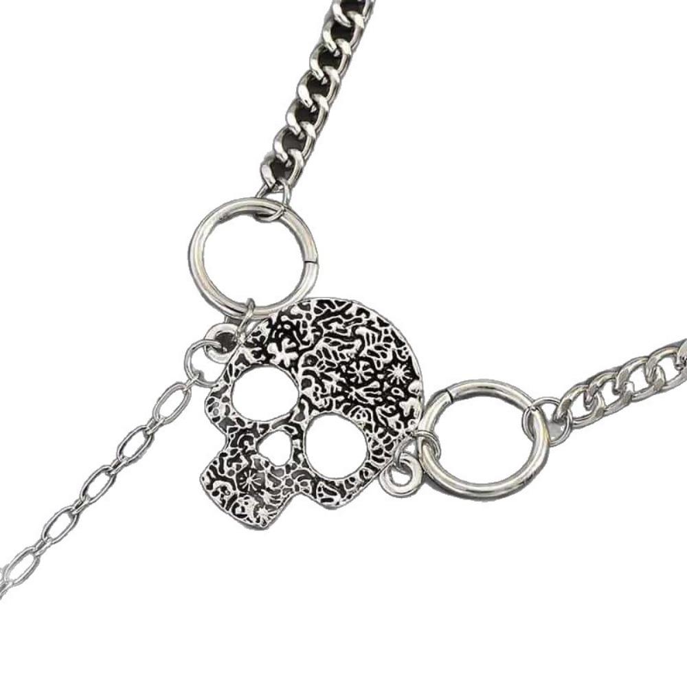 Personality Retro Sliver Color Skull Symbol Tassel Pendant Double-ring Hollowed-out Skull Face Collar Necklace for Women Jewelry