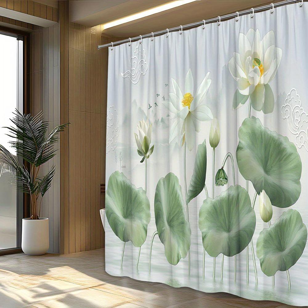 1pc Lakeside Serenity Shower Curtain - Water Lilies & Lotus, Misty Mountains, Pastel Sky,Peaceful Bathroom Decor