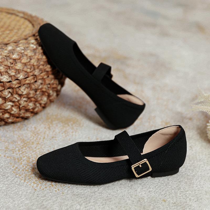 Spring and Autumn Flying Knitting One-word Buckle Belt Mary Jane Shoes Women's Knitting Square Head Flat Bottom Single Shoes Shallow Mouth Casual
