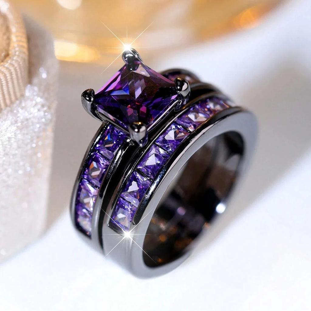 Charm Couple Rings For Women Purple Rhinestones Zircon Rings Set Men's Stainless Steel Celtic Dragon Rings Wedding Party Jewelry