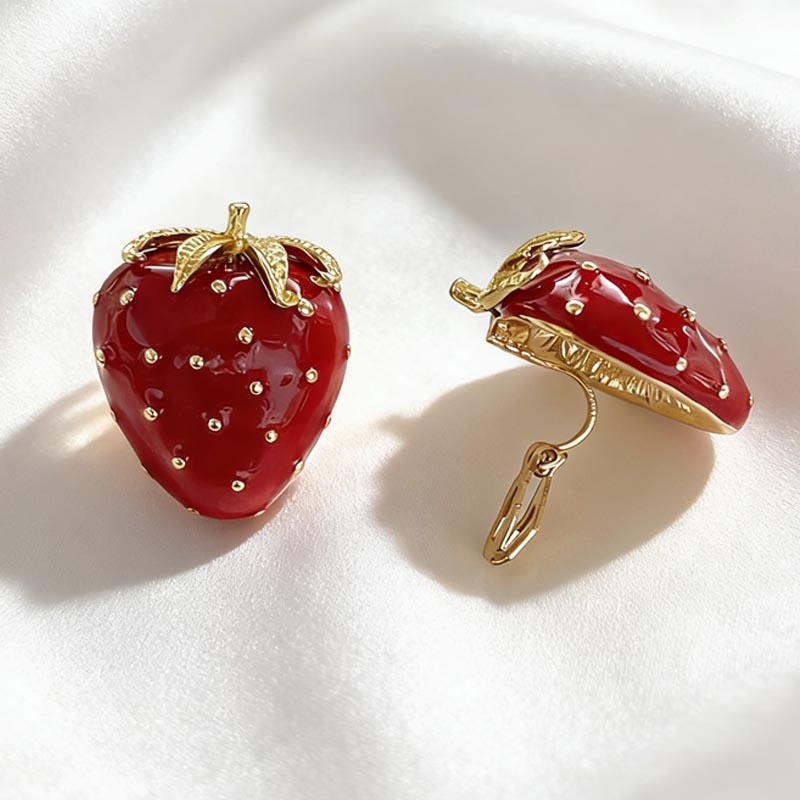 Orecchini Grande Fragola Senza Foratura Carini Smalto Rosso Clip-On Delicati Placcati Oro Frutta Orecchini Statement Per Donne Uso Quotidiano
