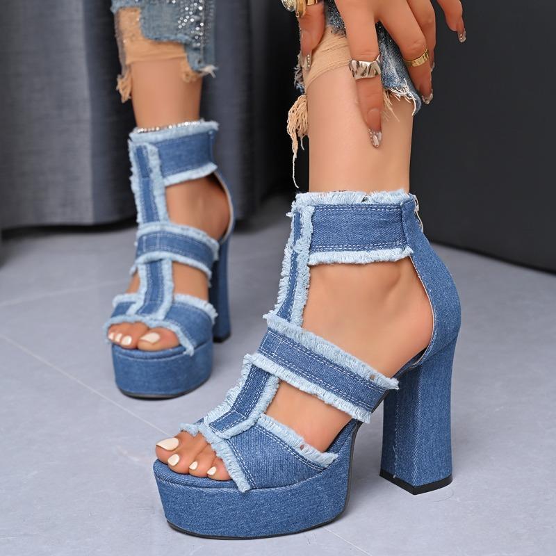 Fashion Summer Women's Cool Boots Fashion Thick Heel High Heeled Sandals Classics Denim Hollow Out Cool Boot Luxury Platform Women Shoes