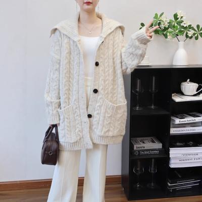Autumn and Winter New Medium and Long Lapel Loose Twist Knitted Cardigan Lazy Wind Sweater Jacket Women