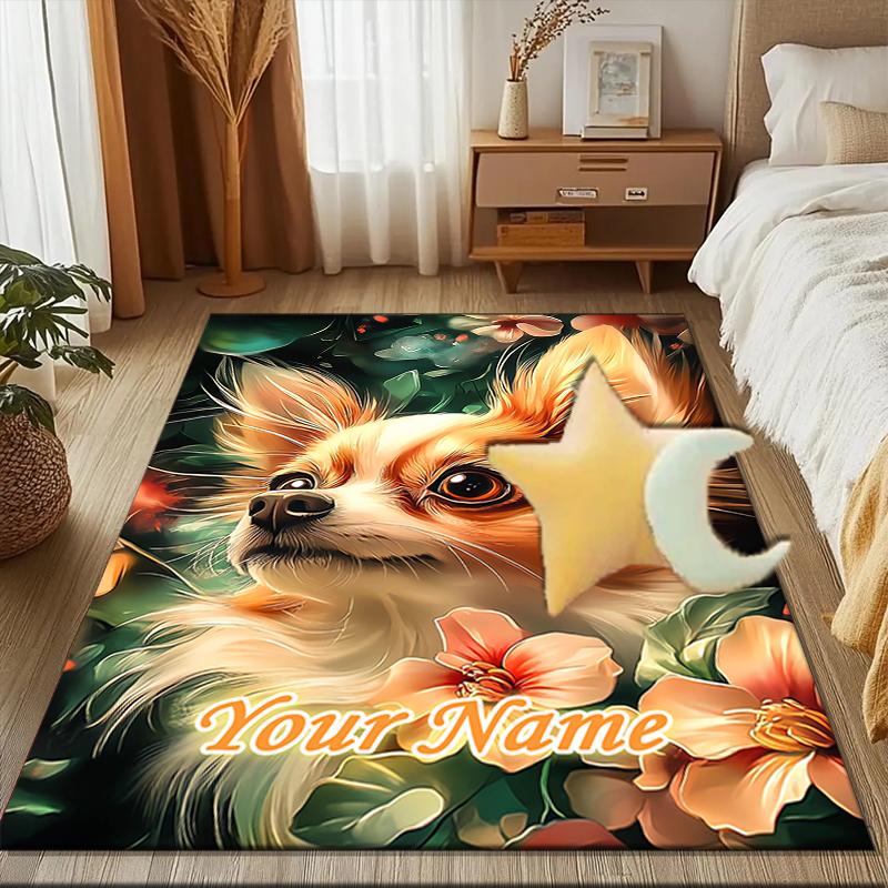 1PC Custom Name Floral Canine Portrait Theme Floor Mat Ideal for Living Room, Game Rooms, Office, Bedroom, Floor Mat Playful Design