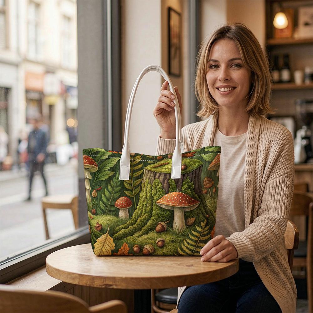 Forest Mushroom Pattern Tote Bag for Daily Shopping Casual Portable Shoulder Handbag
