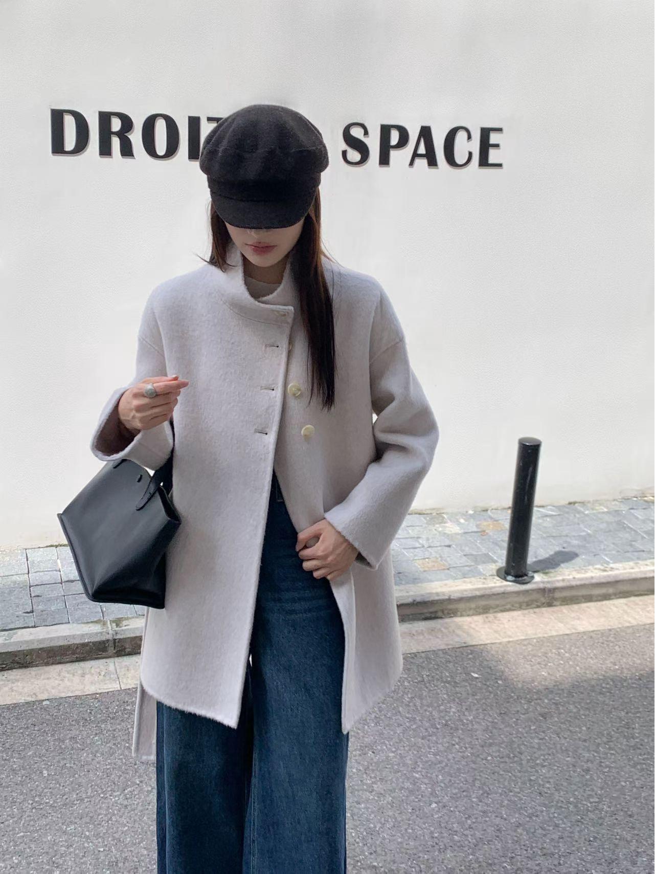 

Женское двустороннее шерстяное пальто в корейском стиле, воротник-стойка, завязка, свободный крой, элегантный приталенный дизайн для осени/зимы