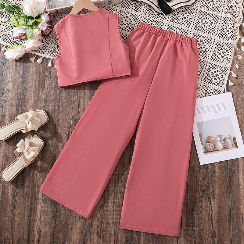 Girls' Fashionable Outfit - Summer Children's Casual Solid-colored Cardigan, Straight-leg Wide-leg Trousers, Two Pieces