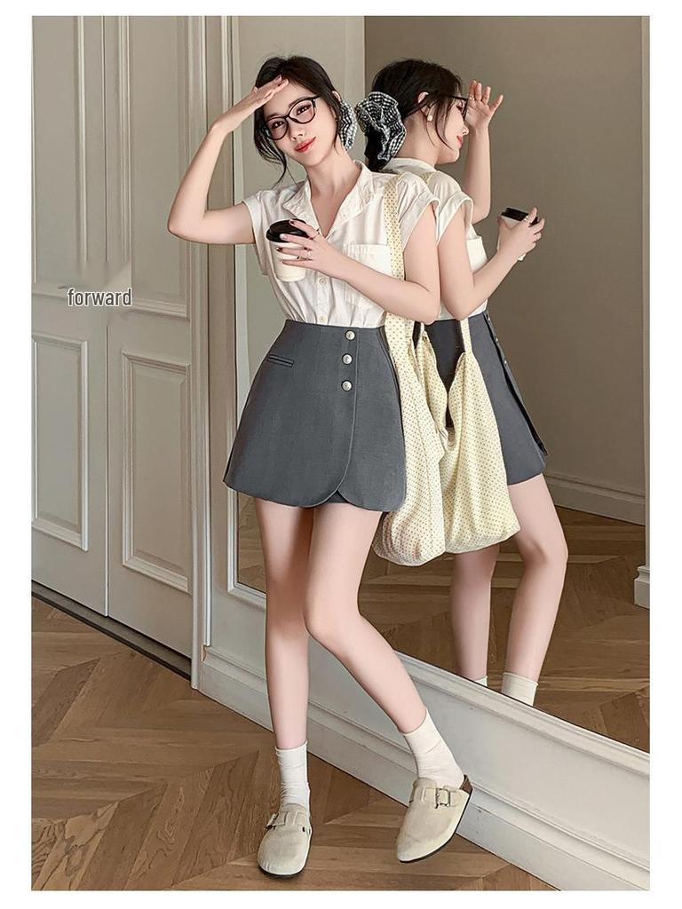 Women's High-Waisted Gray A-Line Skirt Shorts - Spring 2025 Casual Wide-Leg Design