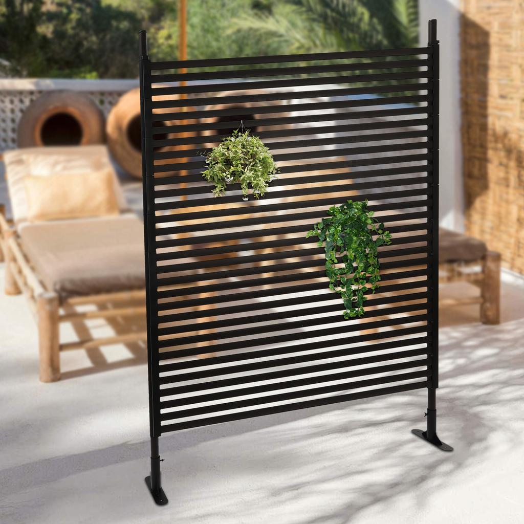 Black Outdoor Privacy Screen with Stand, 120x180cm Garden Patio Fence Panel, Brown Steel Windproof Partition, Load-bearing 10kg
