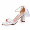 Sandals Woman Summer High Heels Women Pumps PU 7CM Square Heel Round Headed Bead Tied White Bridal Wedding Shoes Women Shoes