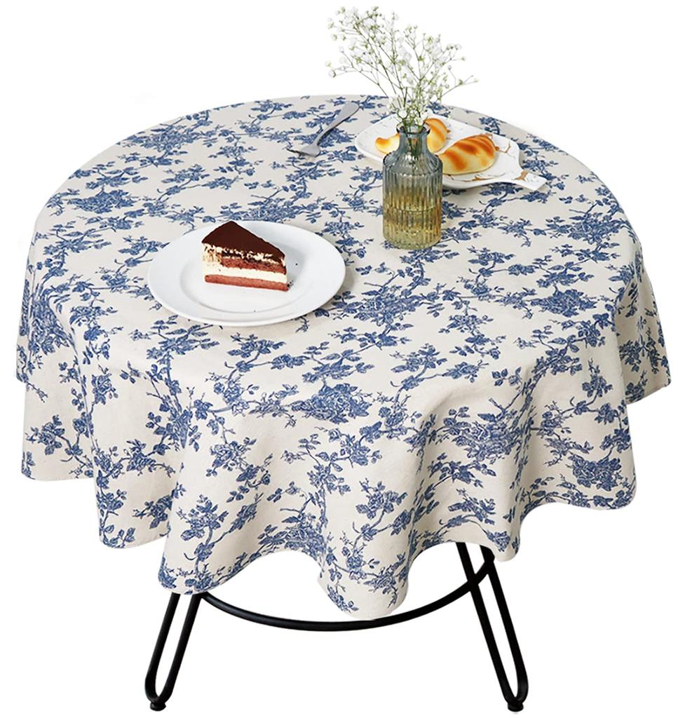 Blue Floral Pastoral Table Cloth Cotton Linen Vintage Tablecloth Indoor Outdoor Table Cover Suitable For Party,Picnic,Dining