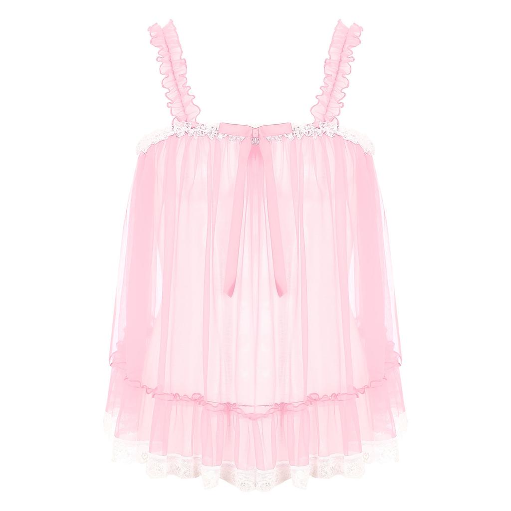 Mens Sheer Mesh Camisole Ruffled Straps Bow Accent Lace Trim Crossdressing Slip Top Clubwear