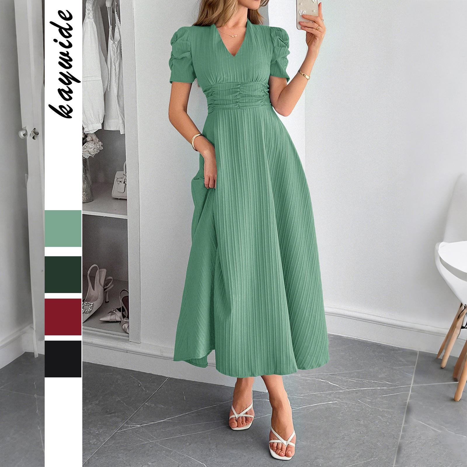 

European and American Elegant Vacation Style Puffed-sleeve Cinched-waist Long Dress Women s Wear 2025 S світло-зелений колір