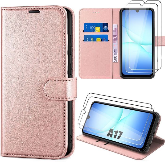 Coque de Protection - BOOLING - Samsung Galaxy A17 4G/5G - Synthécuir Anti-Rayure Rose - 2 Vitres