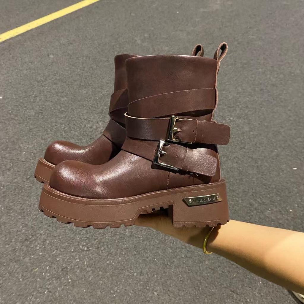 Niche Design Thick-soled Medium Tube Heightening Knight Boots Women's Non-slip Double Buckle Women's Boots