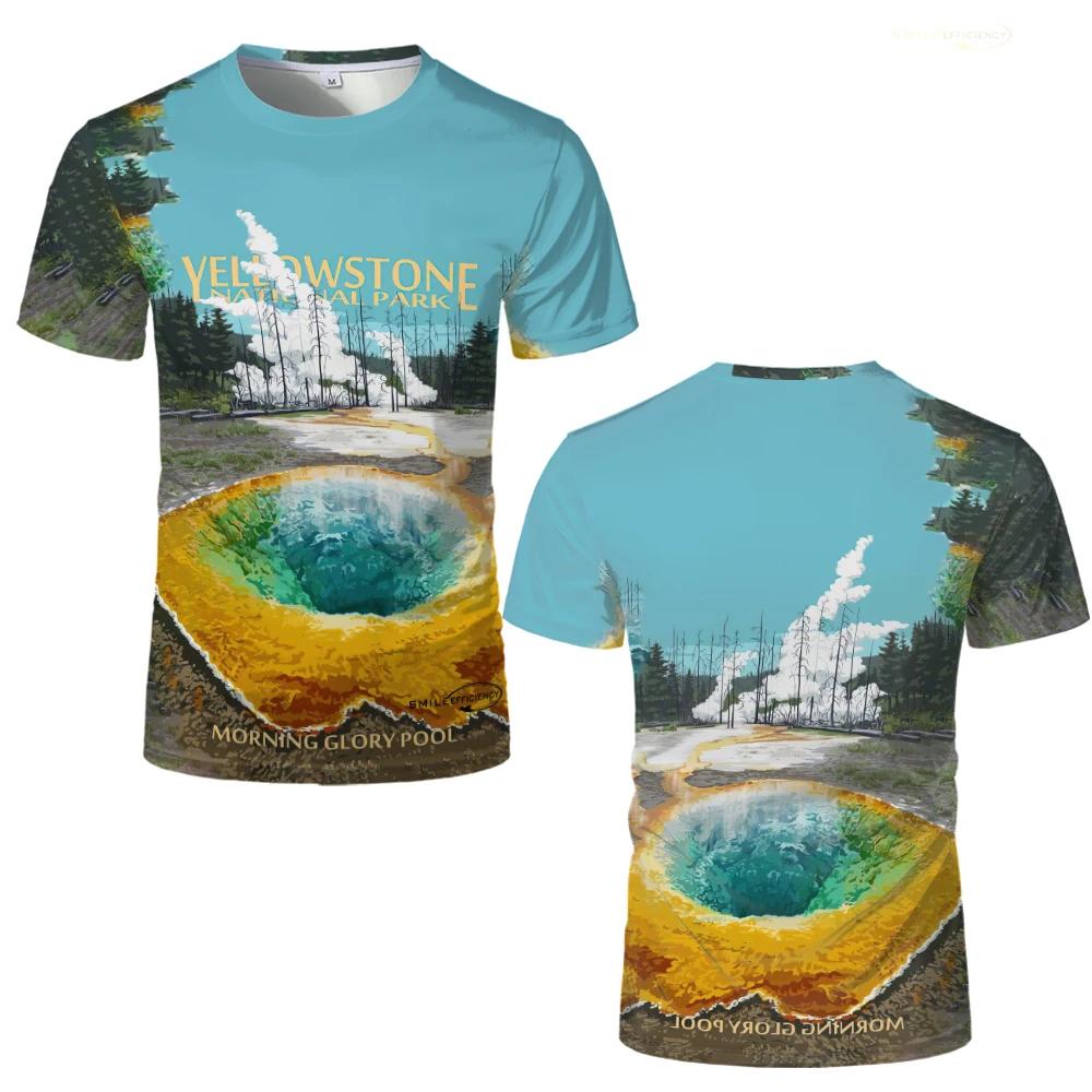 

Summer Round Neck 3D Yellowstone Scenic Print T-shirts Mountaineering Style Sports Tops Fashionable Casual Short Sleeved Men s T-shirts S
