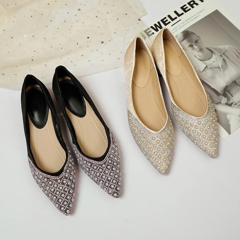 New Low-Heel Classic Fashion Versatile Pointed Toe 3cm Chunky Heel Shallow Mouth Rhinestone Pearl Mesh Women'S Shoes