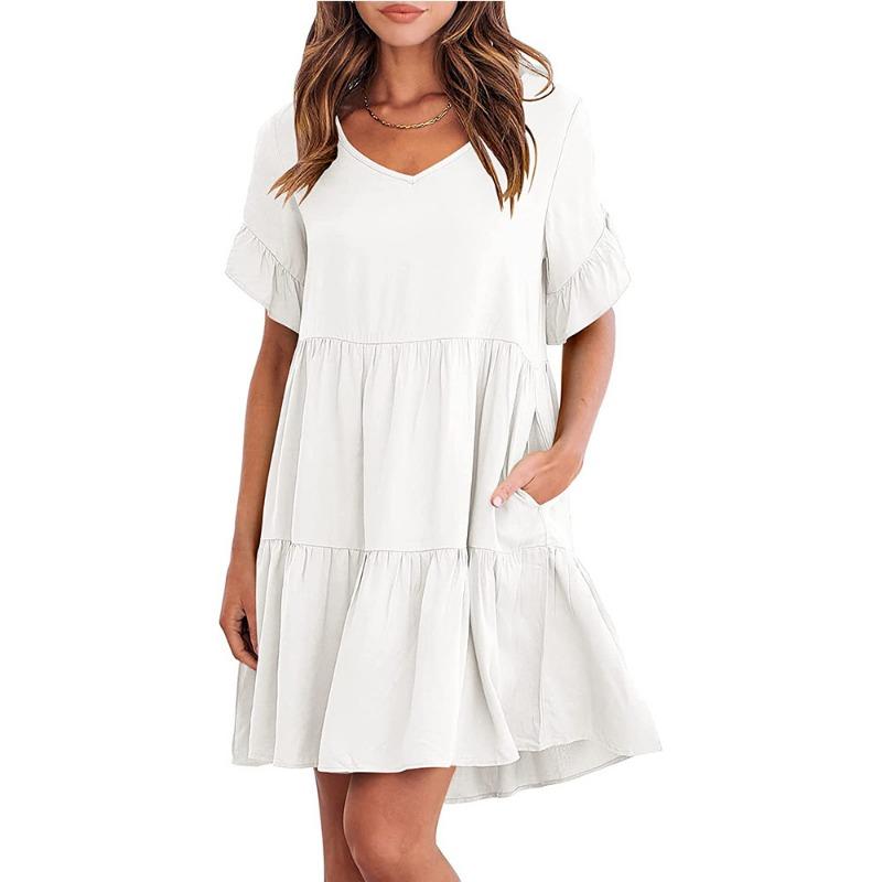 Short Sleeve V-neck A-line Summer Dress Women Elegant Pleated Loose Casual Dress Fashion Party Holiday Short Dresses Female 337