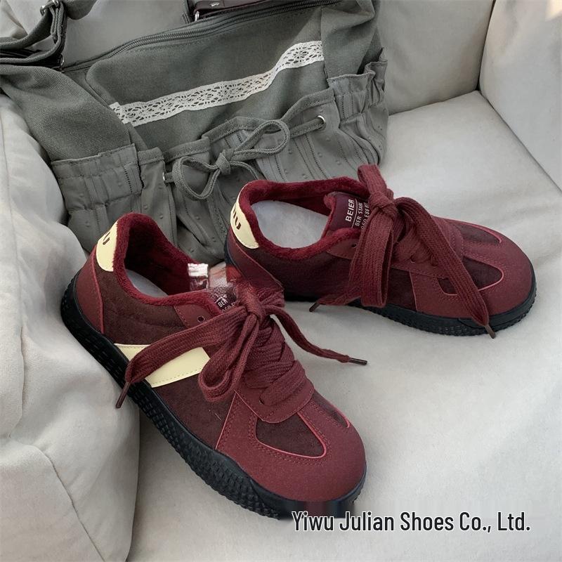 Jesień/Zima 2024 Retro Ciepłe Bawełniane Okrągły Nosek Wyściełane Futerkiem Buty Deskorolkowe Codzienne Niemieckie Trenery Buty Zimowe dla Kobiet i Mężczyzn