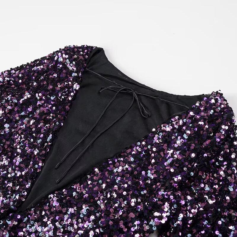 2024 European & American Slimming Sequin Bodycon Mini Dress - Autumn/Winter Round Neck Long Sleeve Women's Fashion.