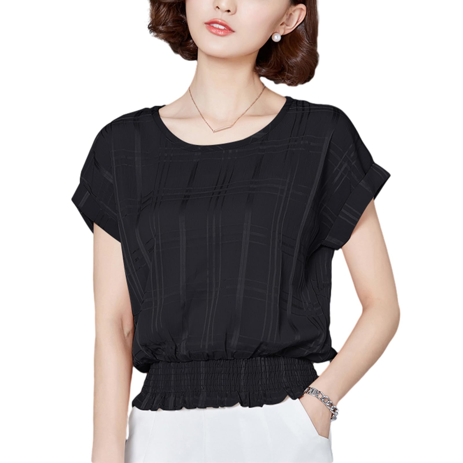 

Блузки для коротких шифоновых клетчатых эластичных слегка для больших для свободных закрывающих тело для для повседневной осени [DayaEmmoTQ] женщины, топы, рукава, чёрный